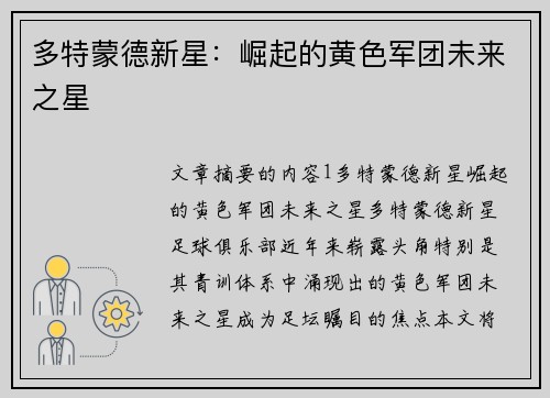 多特蒙德新星：崛起的黄色军团未来之星